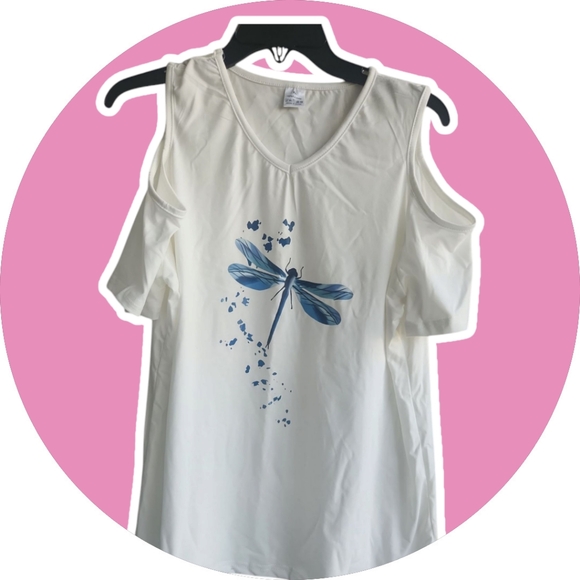 Cute V-Neck Dragonfly Tee with Cut-Out Detail, Lightweight & Comfy! Size Largr - Picture 1 of 8